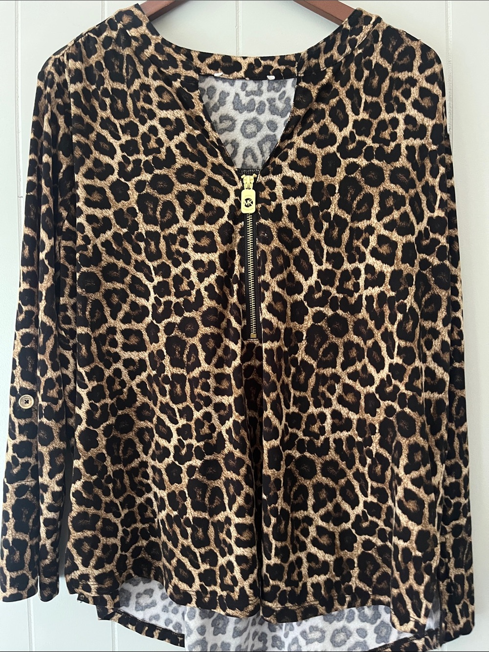 Michael Kors Leopard Print Zip Front Blouse in Brown and Black
